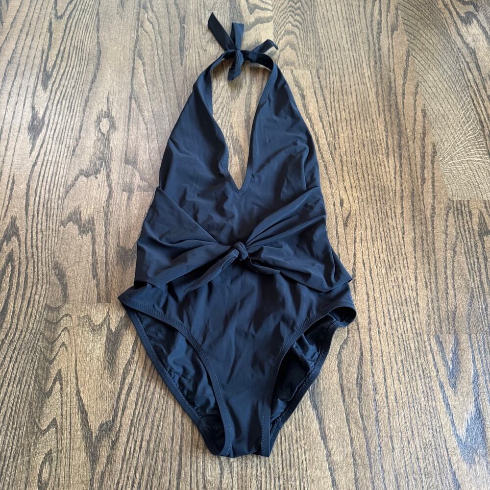 Tory Burch Womens Solid Black One Piece Halter Low Cut Swim Suit Size Small